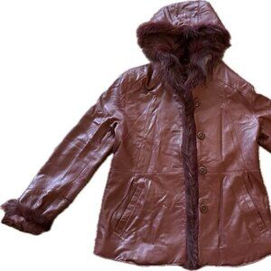 Women’s Vintage Y2K 2000’s Red Leather Jacket with Real Rabbit Fur Trim and Hood